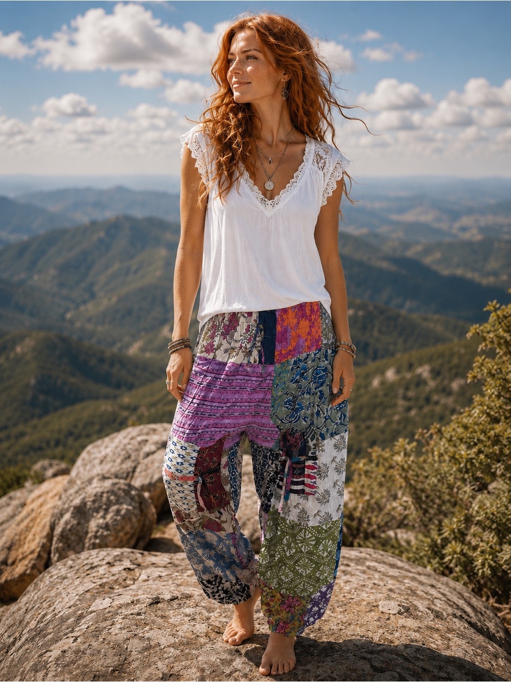 Women's Boho Patchwork Wide-Leg Pants - White Multi